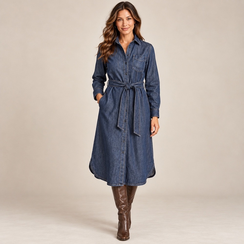 Lauren Ralph Lauren Denim Shirt Dress Womens 8 Blue Excellent Belted Midi Long